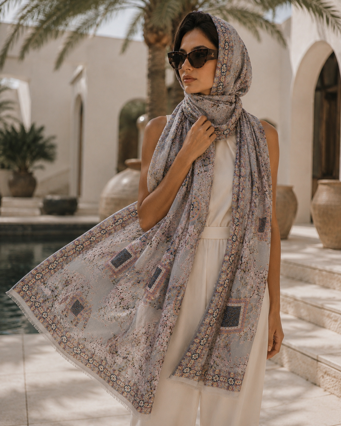 ELEPHANT CEREMONY CASHMERE SCARF -  LIGHT BLUE