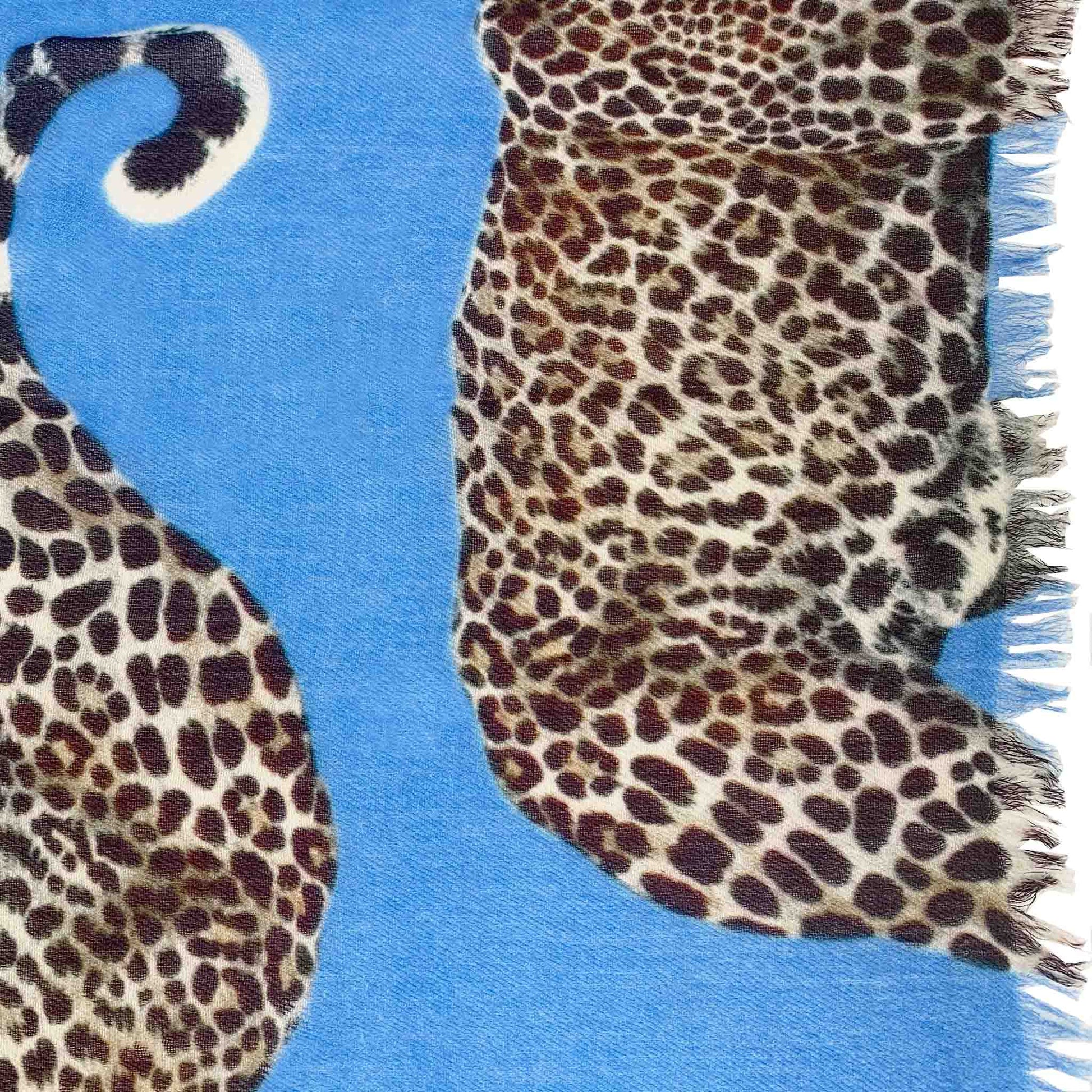 LEOPARD NATURAL CASHMERE SCARF - BLUE