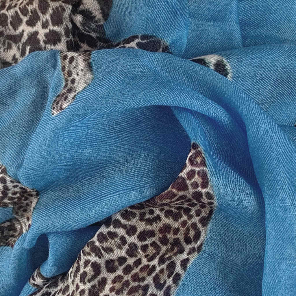 LEOPARD NATURAL CASHMERE SCARF - BLUE