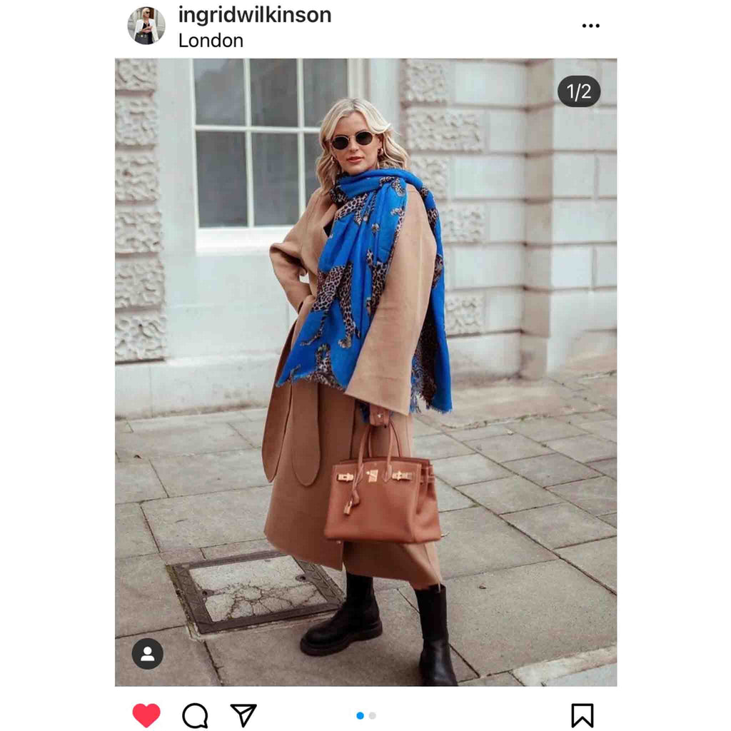 LEOPARD NATURAL CASHMERE SCARF - BLUE