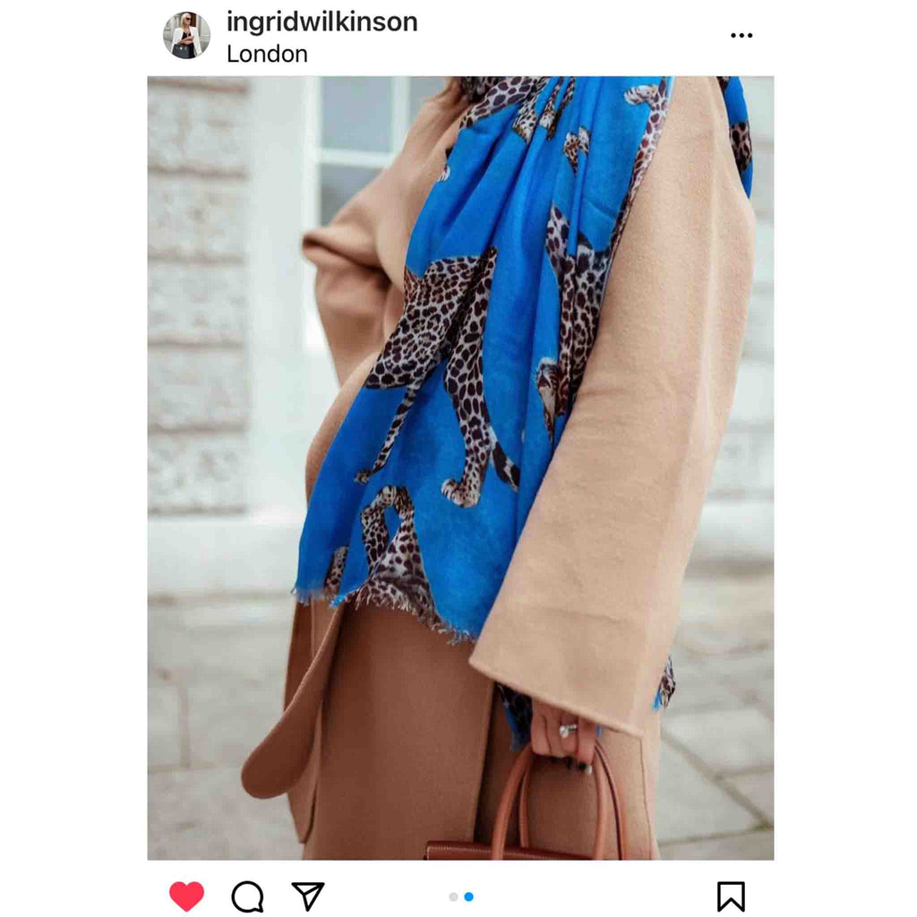 LEOPARD NATURAL CASHMERE SCARF - BLUE