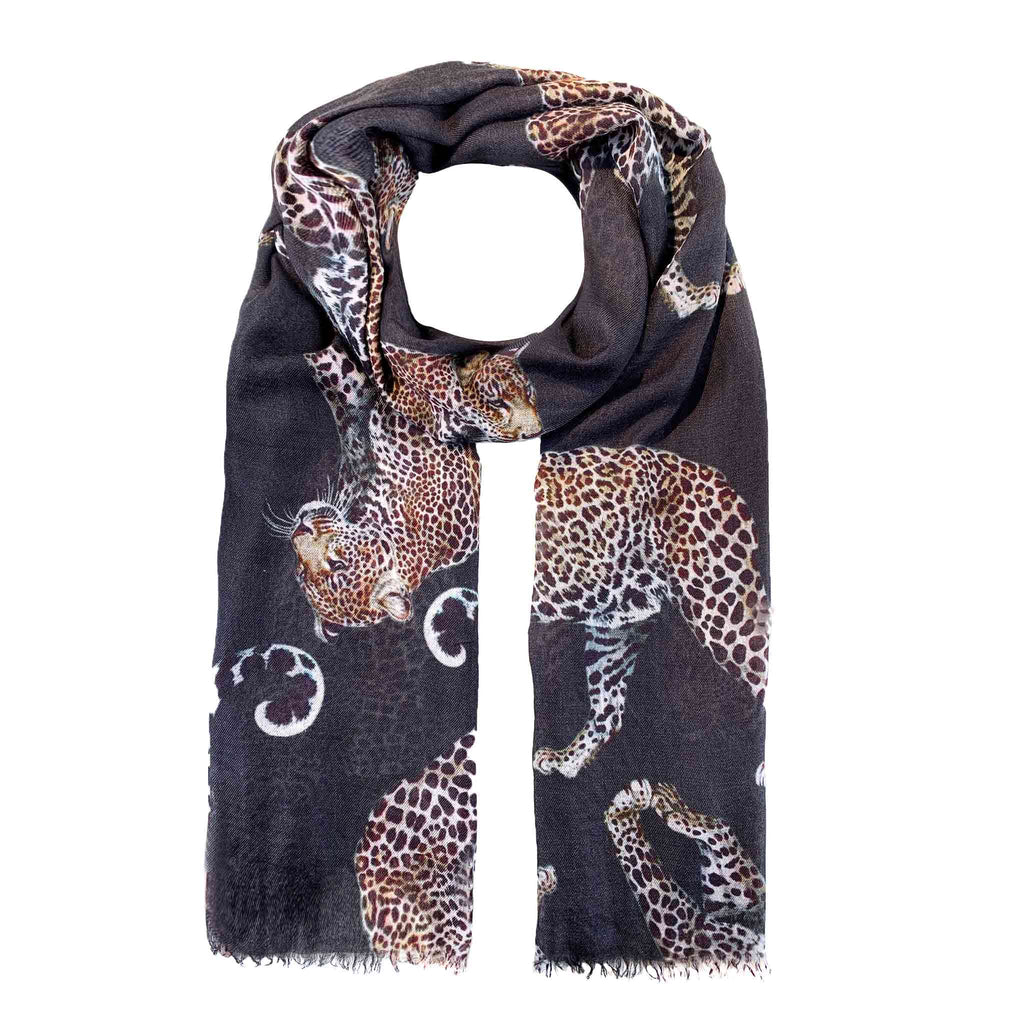 LEOPARD NATURAL CASHMERE SCARF - DARK GREY