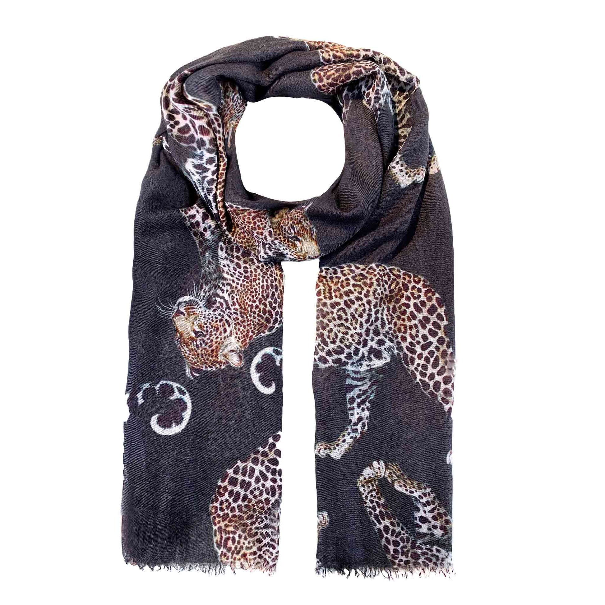 LEOPARD NATURAL CASHMERE SCARF - DARK GREY