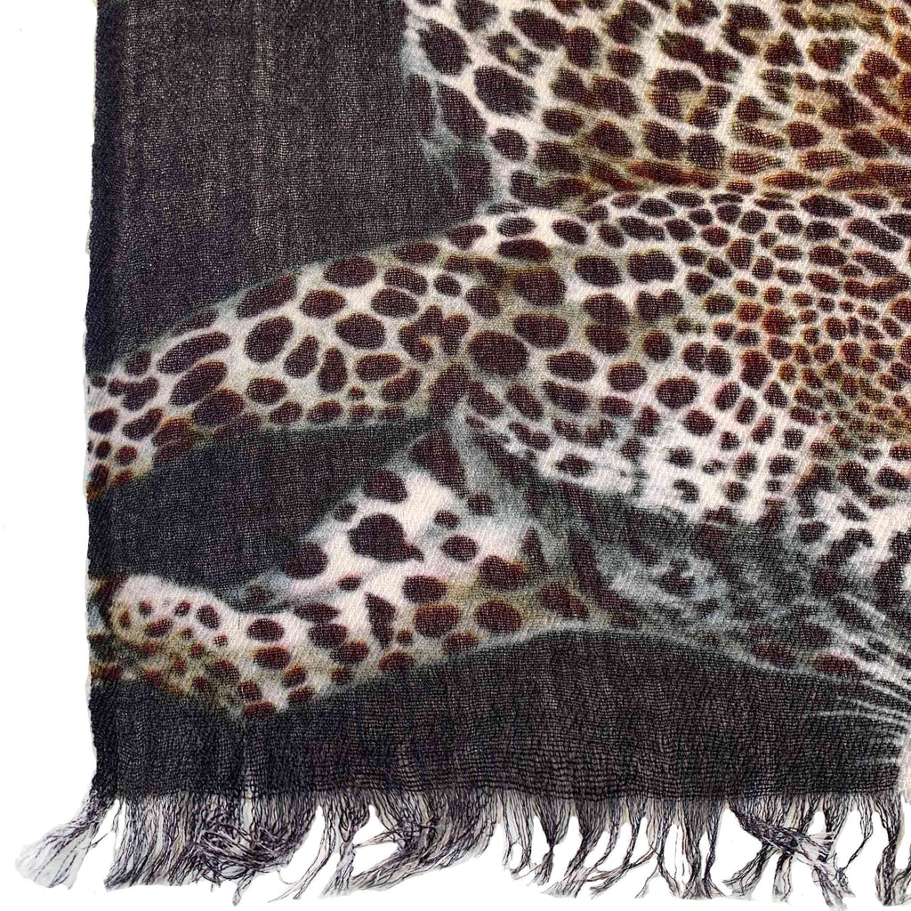 LEOPARD NATURAL CASHMERE SCARF - DARK GREY