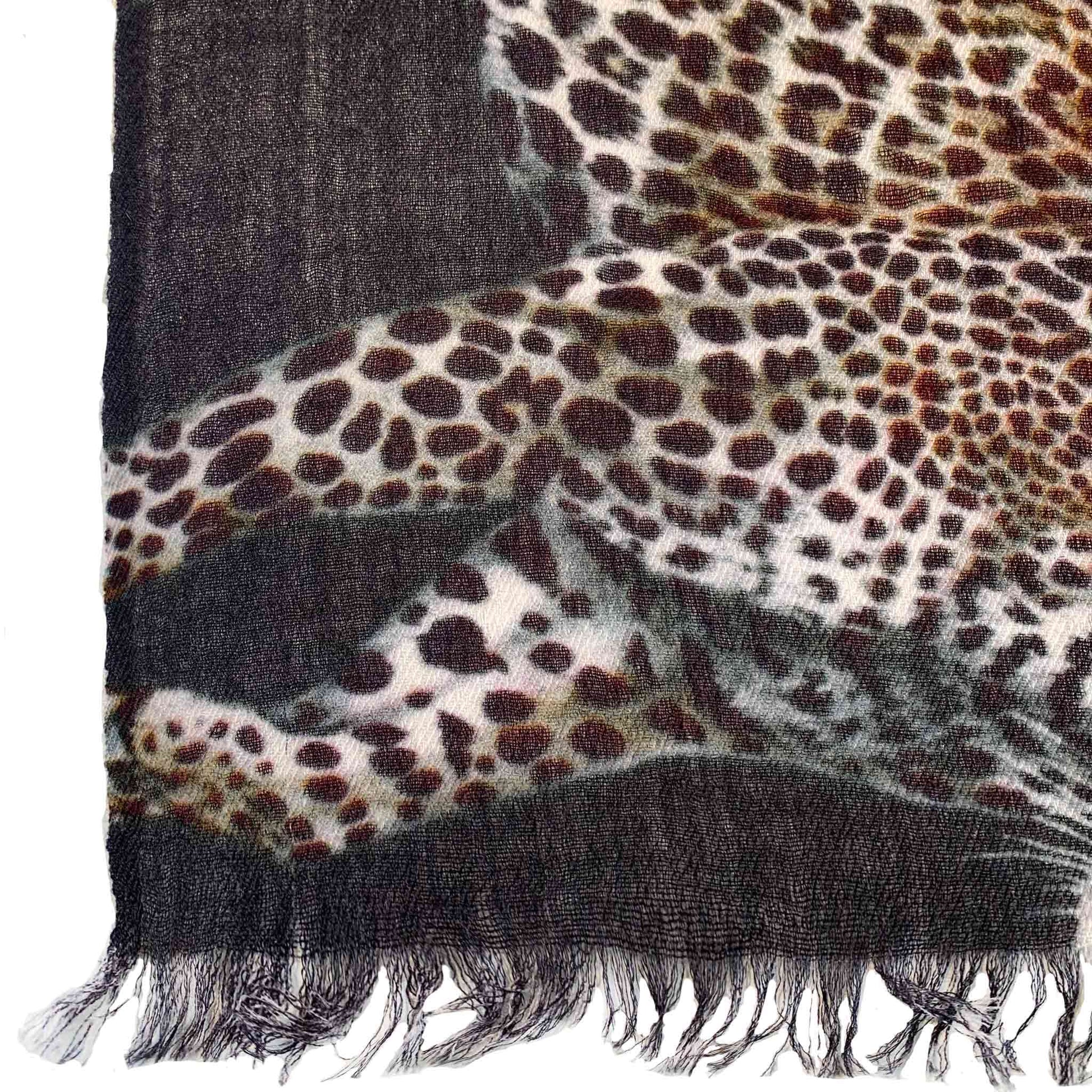 LEOPARD NATURAL CASHMERE SCARF - DARK GREY