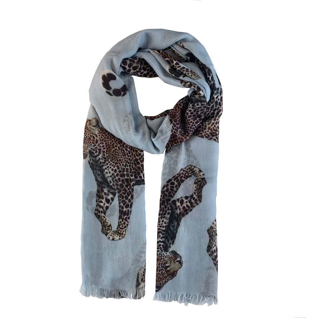 LEOPARD NATURAL CASHMERE SCARF - LIGHT BLUE