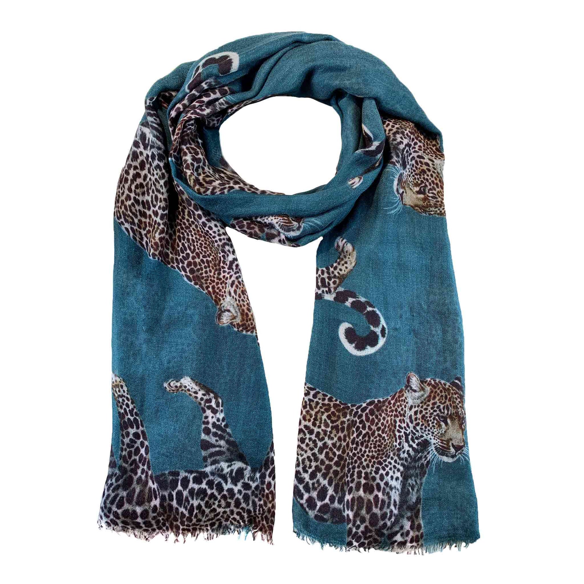 LEOPARD NATURAL CASHMERE SCARF - PETROL