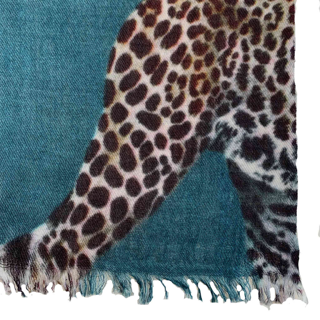 LEOPARD NATURAL CASHMERE SCARF - PETROL