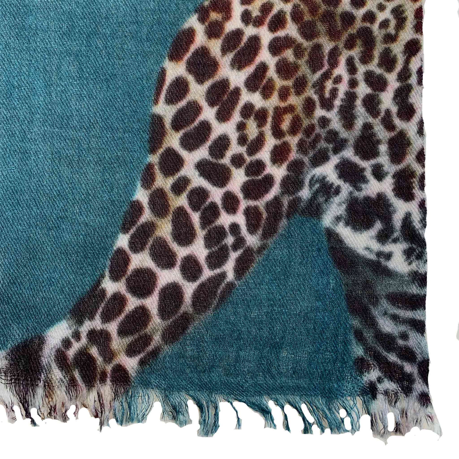 LEOPARD NATURAL CASHMERE SCARF - PETROL
