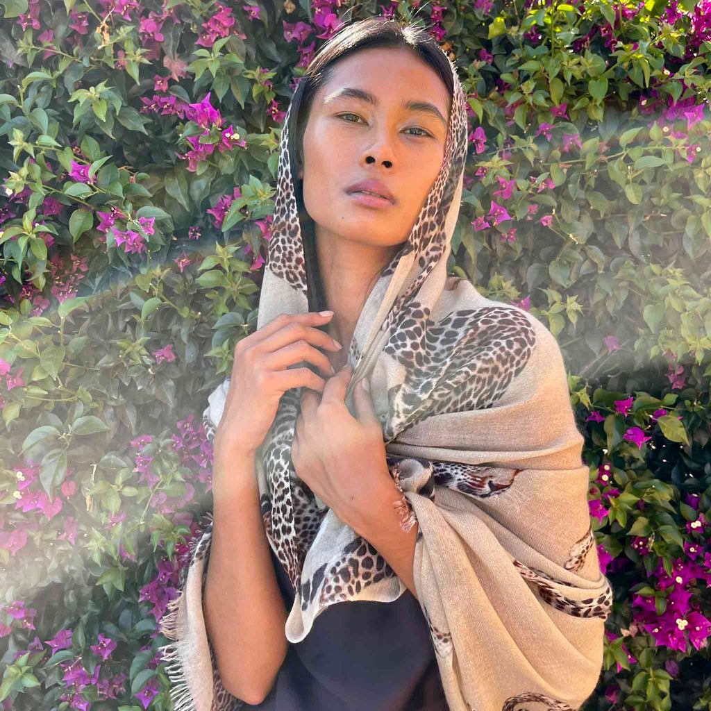 LEOPARD NATURAL CASHMERE SCARF - TAUPE
