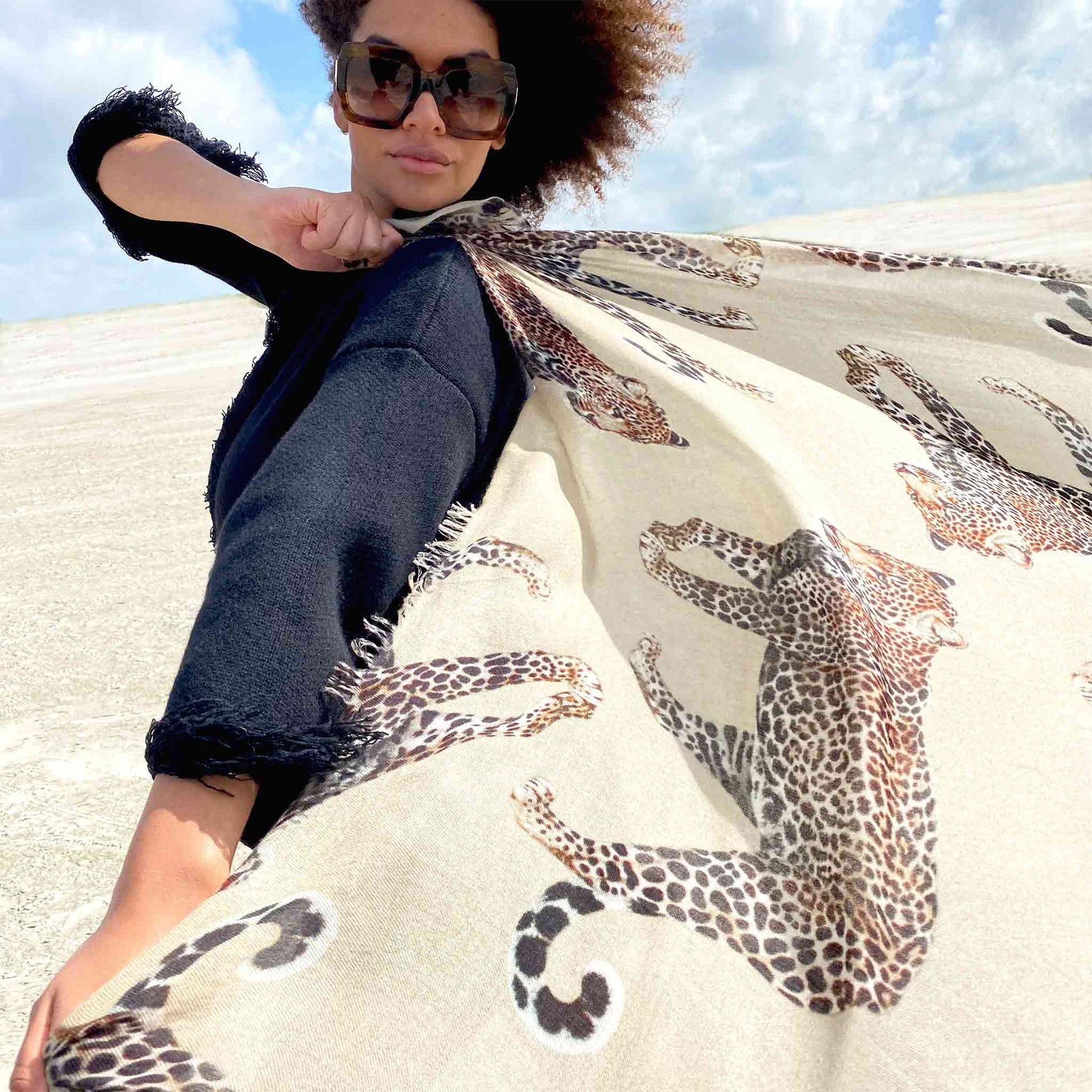 LEOPARD NATURAL CASHMERE SCARF - TAUPE