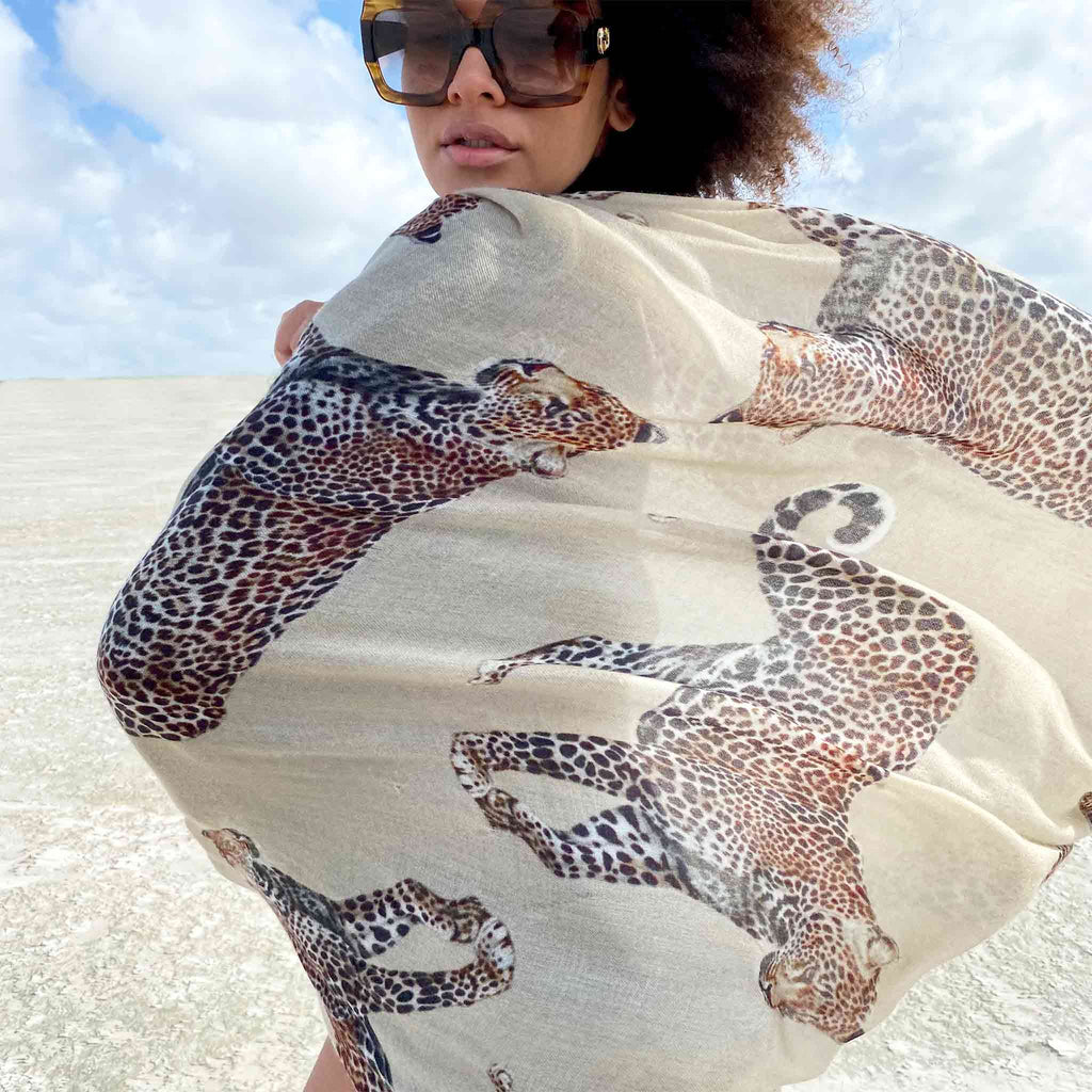 LEOPARD NATURAL CASHMERE SCARF - TAUPE