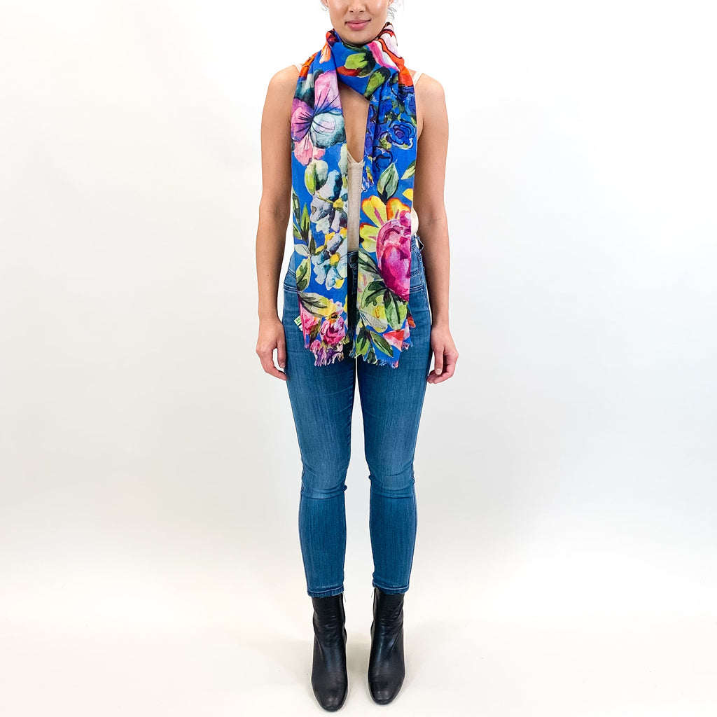 BLOOM CASHMERE SCARF - BLUE
