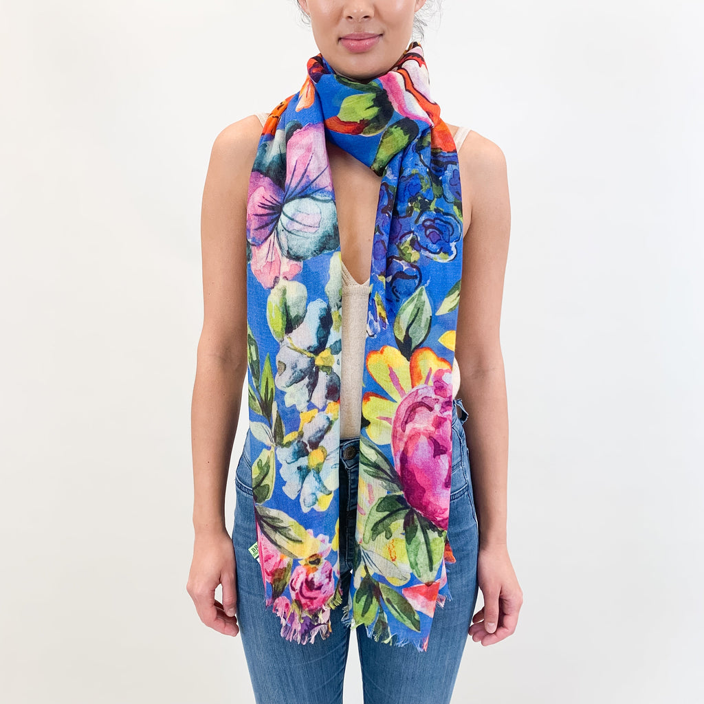 BLOOM CASHMERE SCARF - BLUE