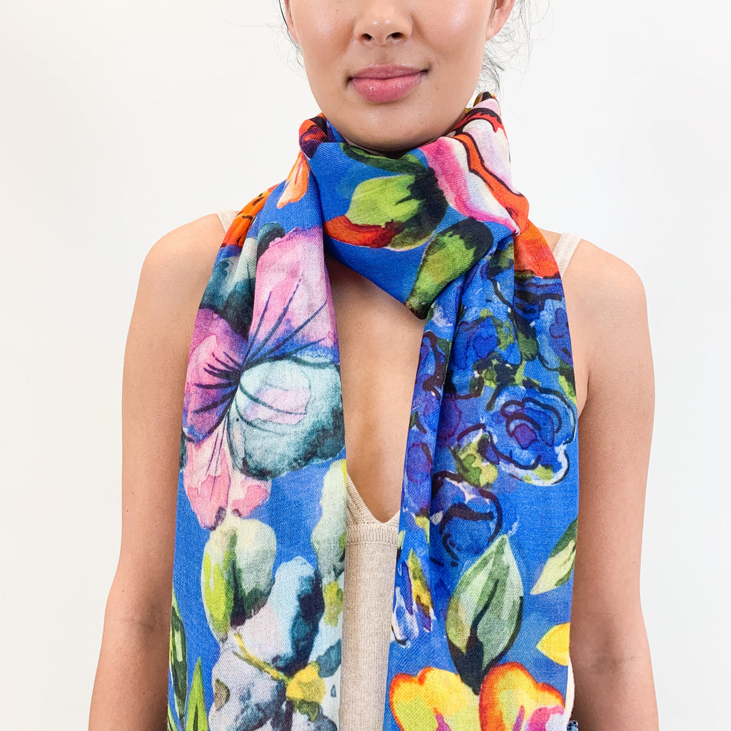 BLOOM CASHMERE SCARF - BLUE