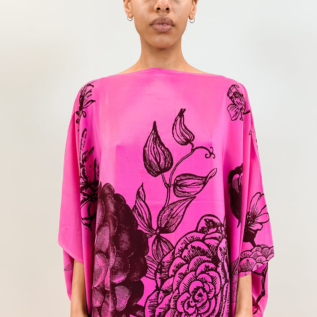FLOWER EXPLOSION SILK TUNIC - PINK/BLACK