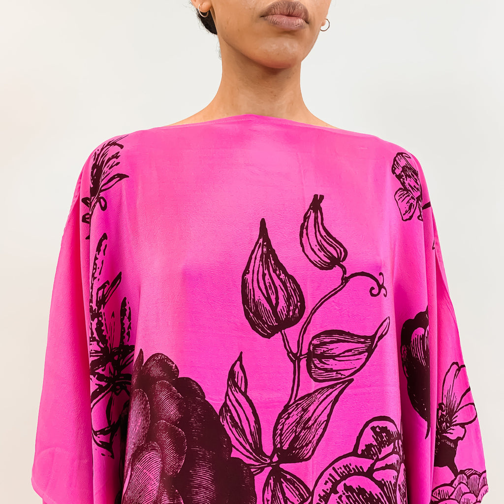 FLOWER EXPLOSION SILK TUNIC - PINK/BLACK