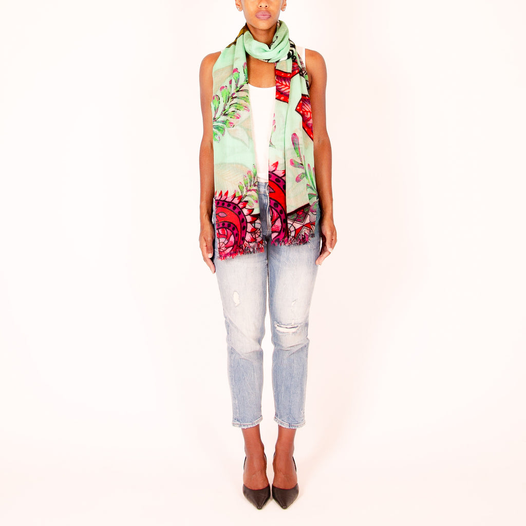 TIGER & JUNGLE CASHMERE SCARF LARGE - MINT