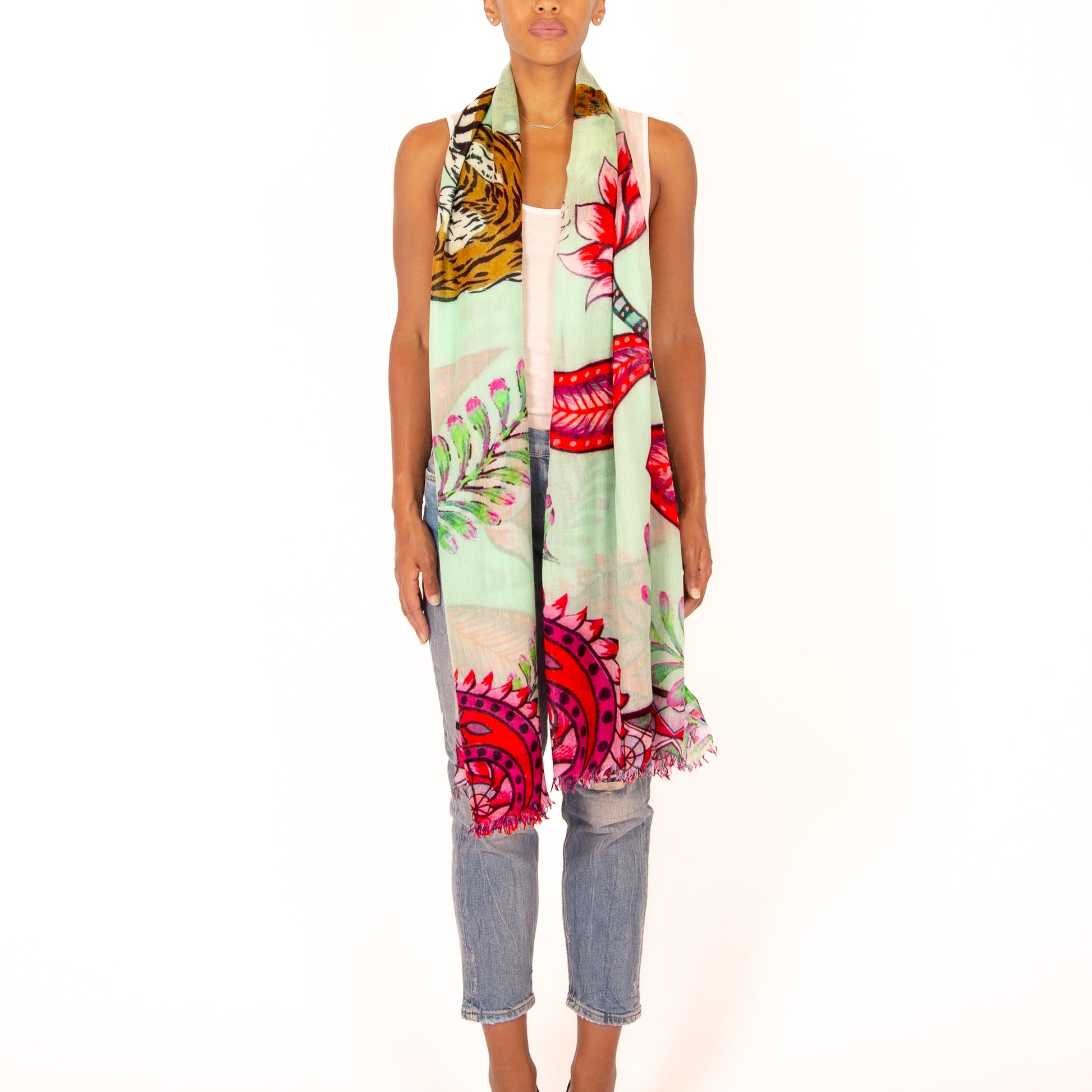 TIGER & JUNGLE CASHMERE SCARF LARGE - MINT