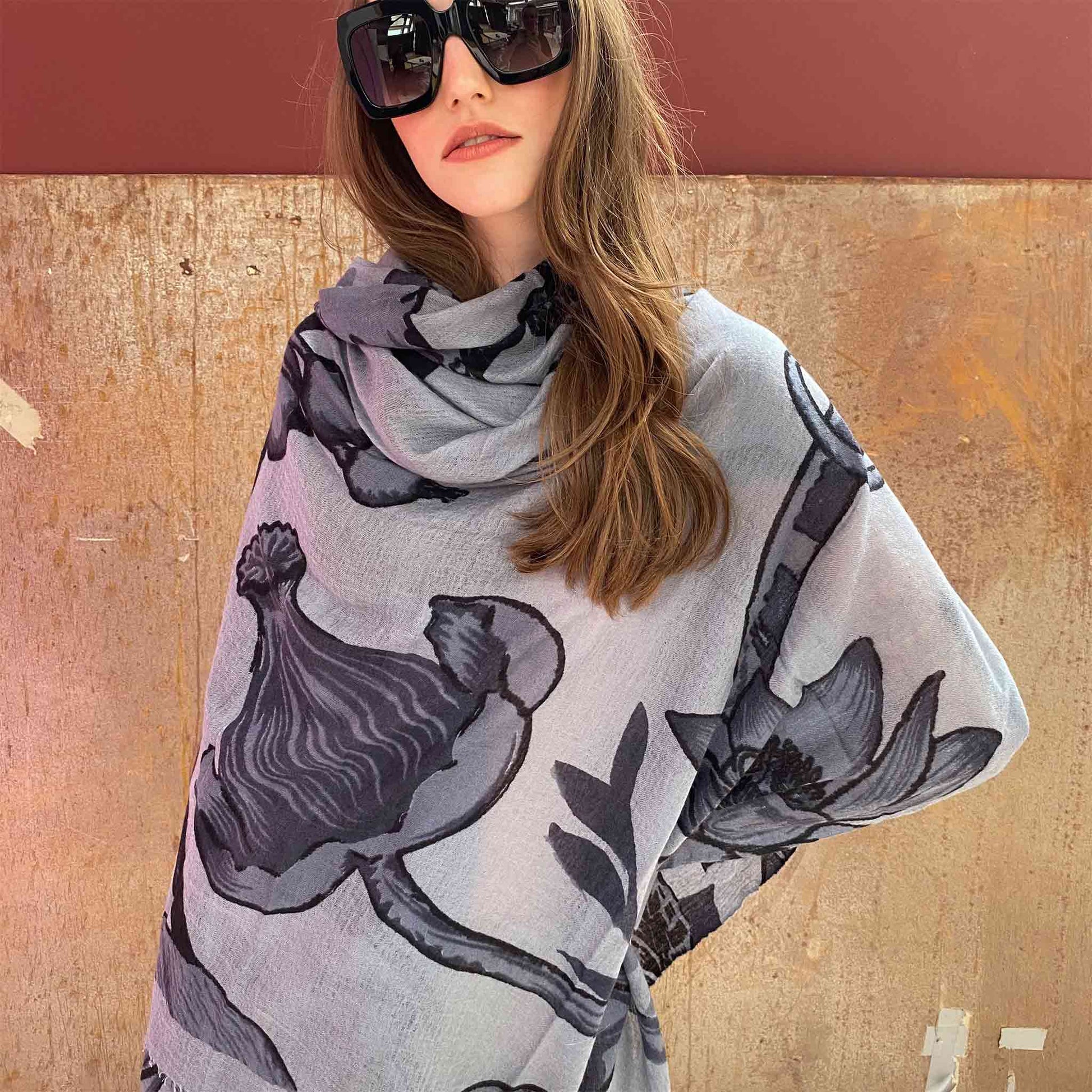 BOTANICAL FELTED CASHMERE  SCARF - GREY