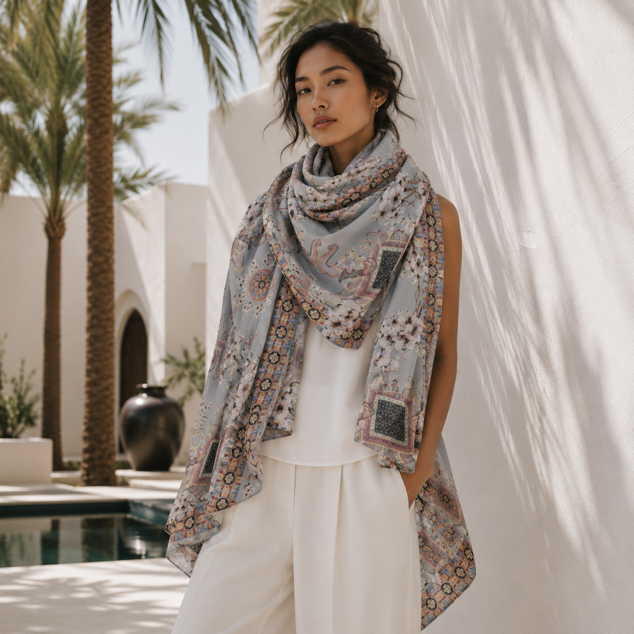 ELEPHANT CEREMONY CASHMERE SCARF -  LIGHT BLUE
