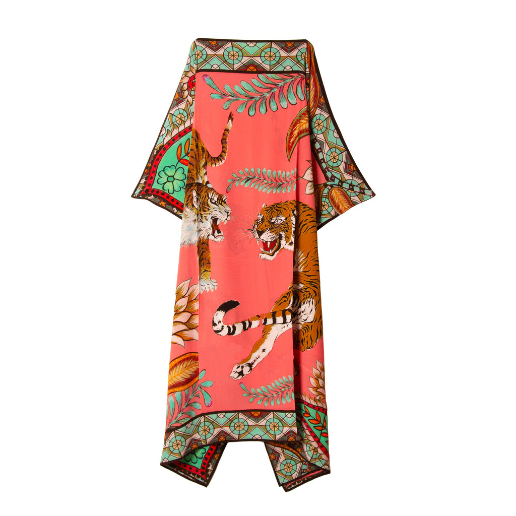 TIGER & JUNGLE SILK TUNIC - CORAL