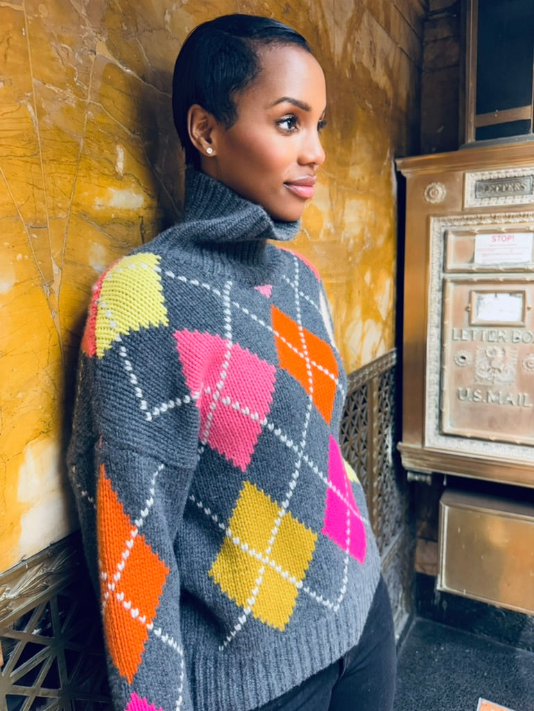 GABRIELLE EXTRA DIAMOND SWEATER - CHARCOAL/DAYGLOW