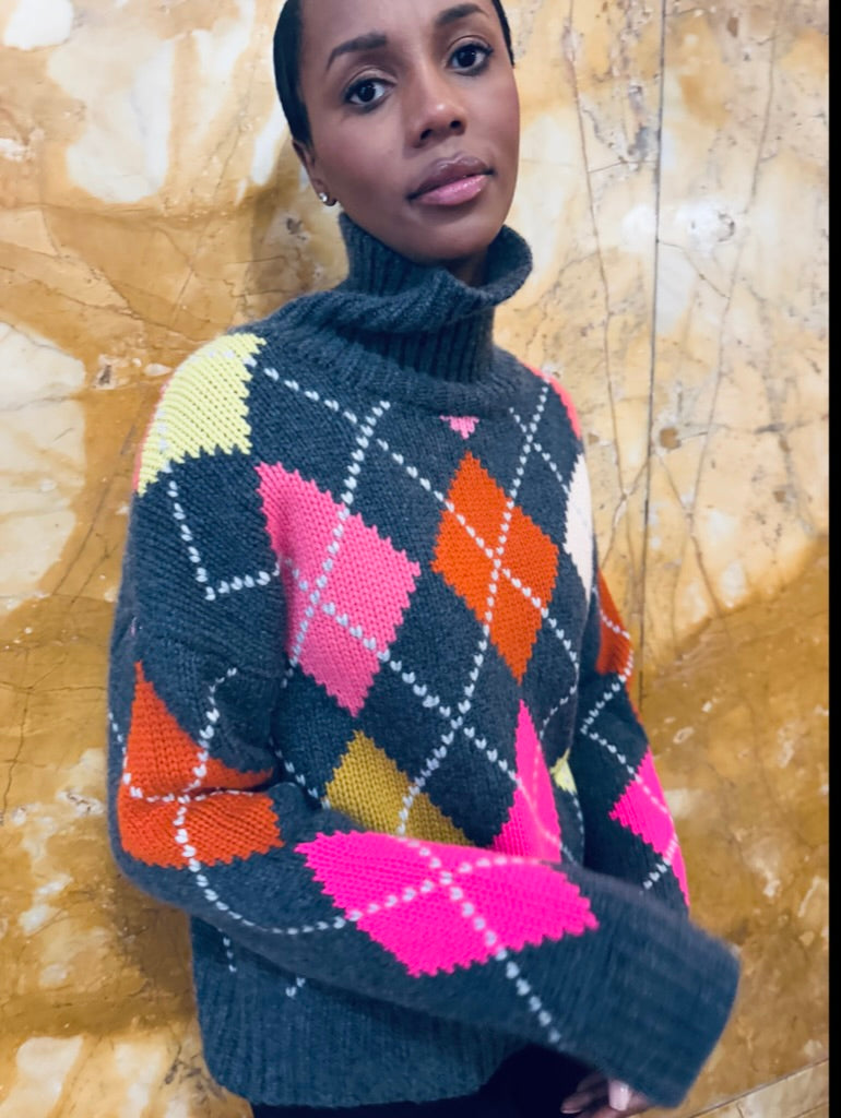 GABRIELLE EXTRA DIAMOND SWEATER - CHARCOAL/DAYGLOW