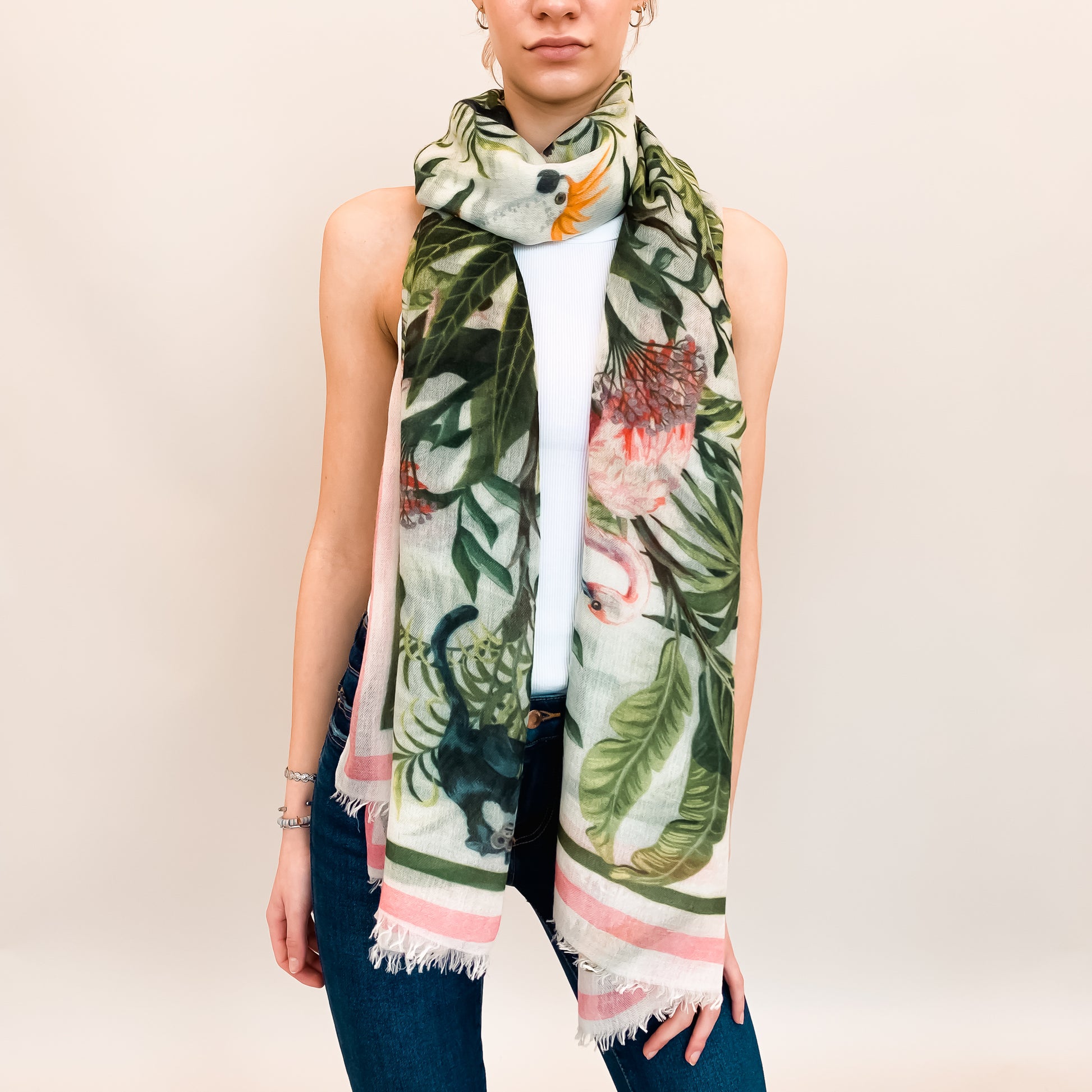 JUNGLE ANIMALS CASHMERE SCARF - white
