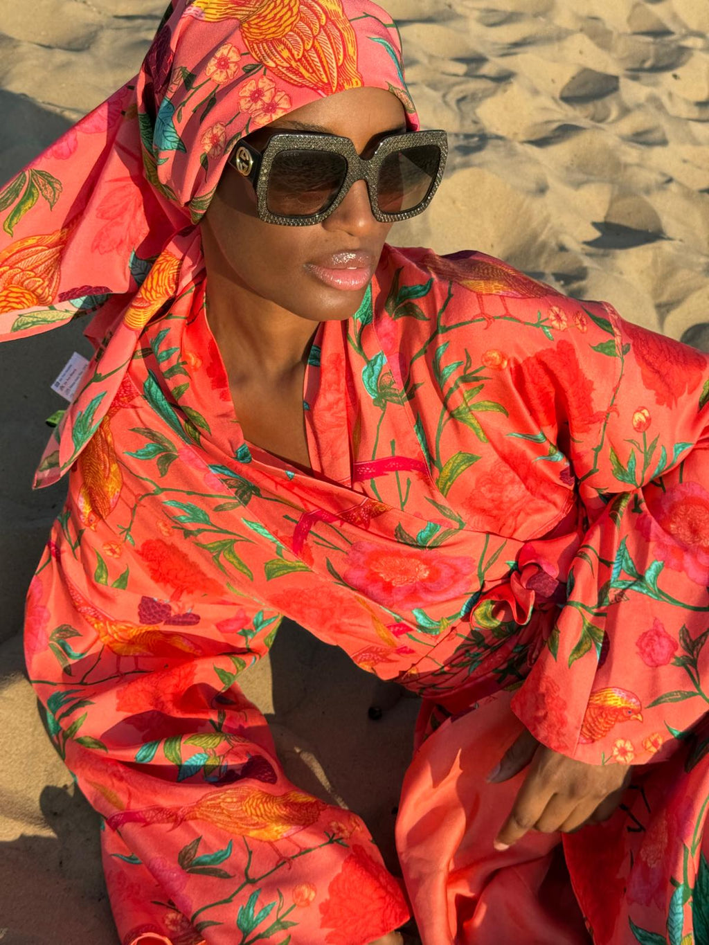 BIRDS PARADISE SILK MORNING ROBE - CORAL/DOTS