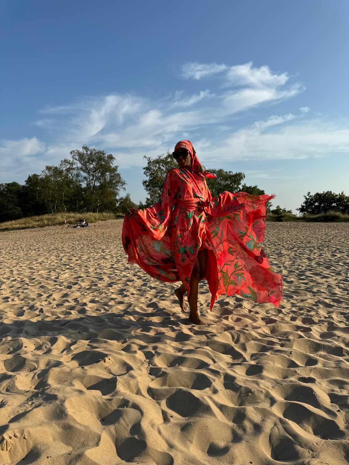 BIRDS PARADISE SILK MORNING ROBE - CORAL/DOTS