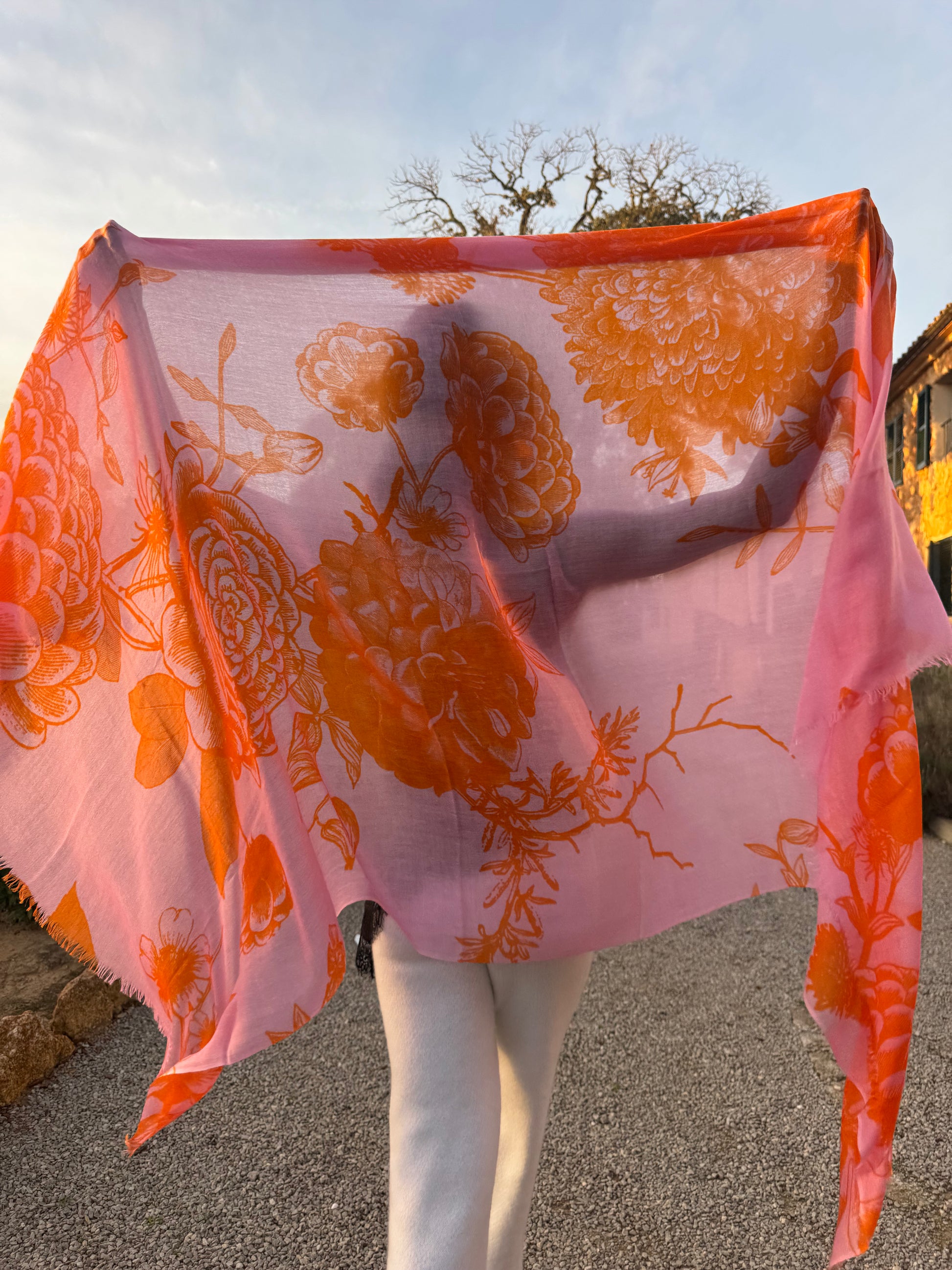 FLOWER EXPLOSION TRIANGLE SCARF - ROSE/ORANGE