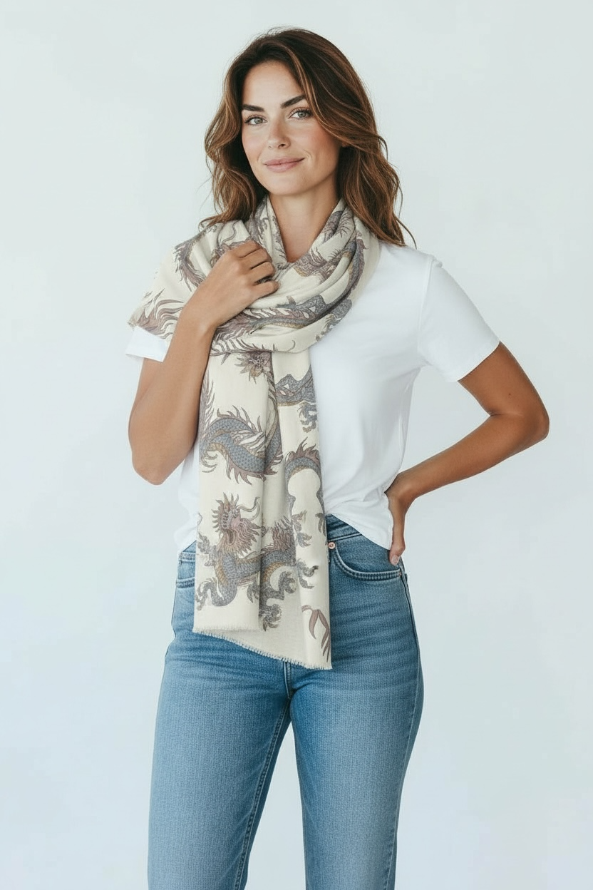 DRAGON CASHMERE SCARF - OFF-WHITE