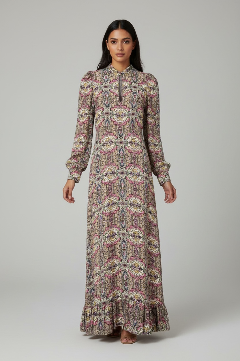 ETHNO PATTERN QUEENS DRESS - TAUPE (SIZE M)