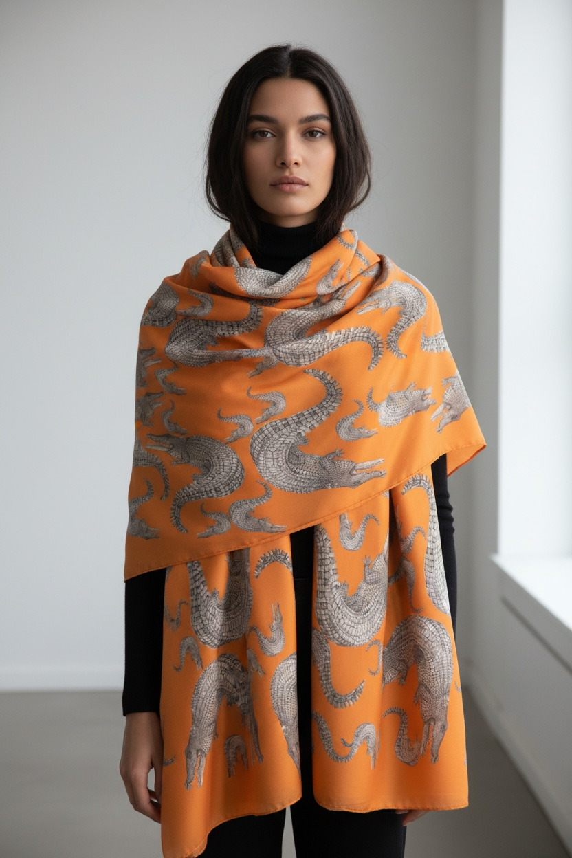 CROCODILE CASHMERE SCARF - TANGO
