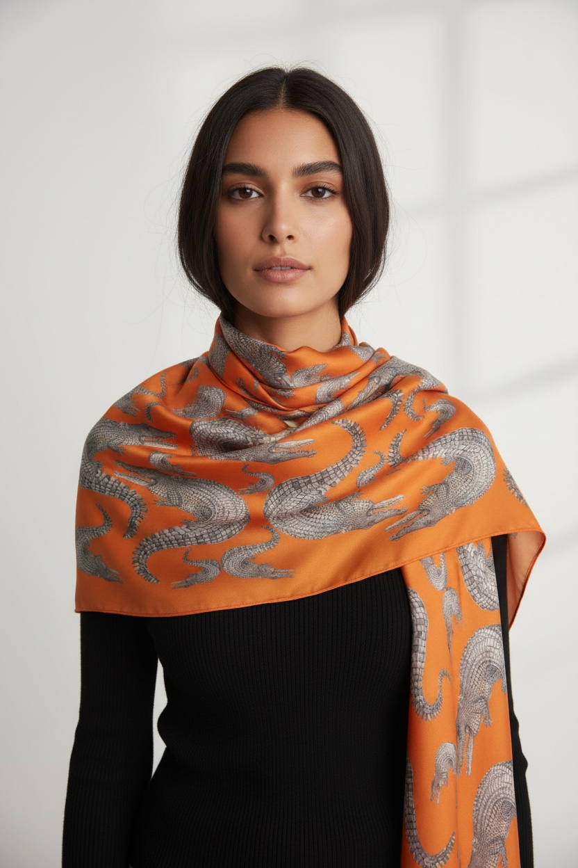 CROCODILE CASHMERE SCARF - TANGO
