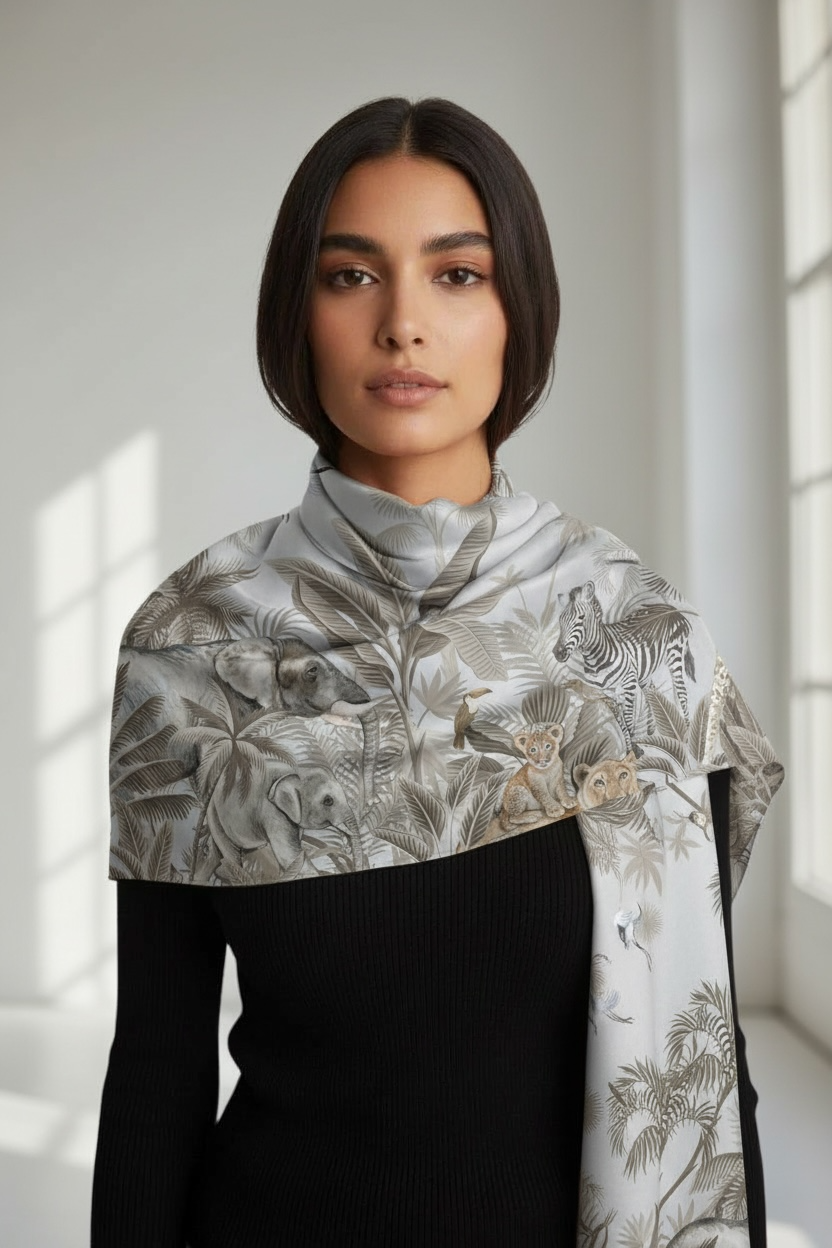 ELE JUNGLE CASHMERE SCARF - LIGHT GREY