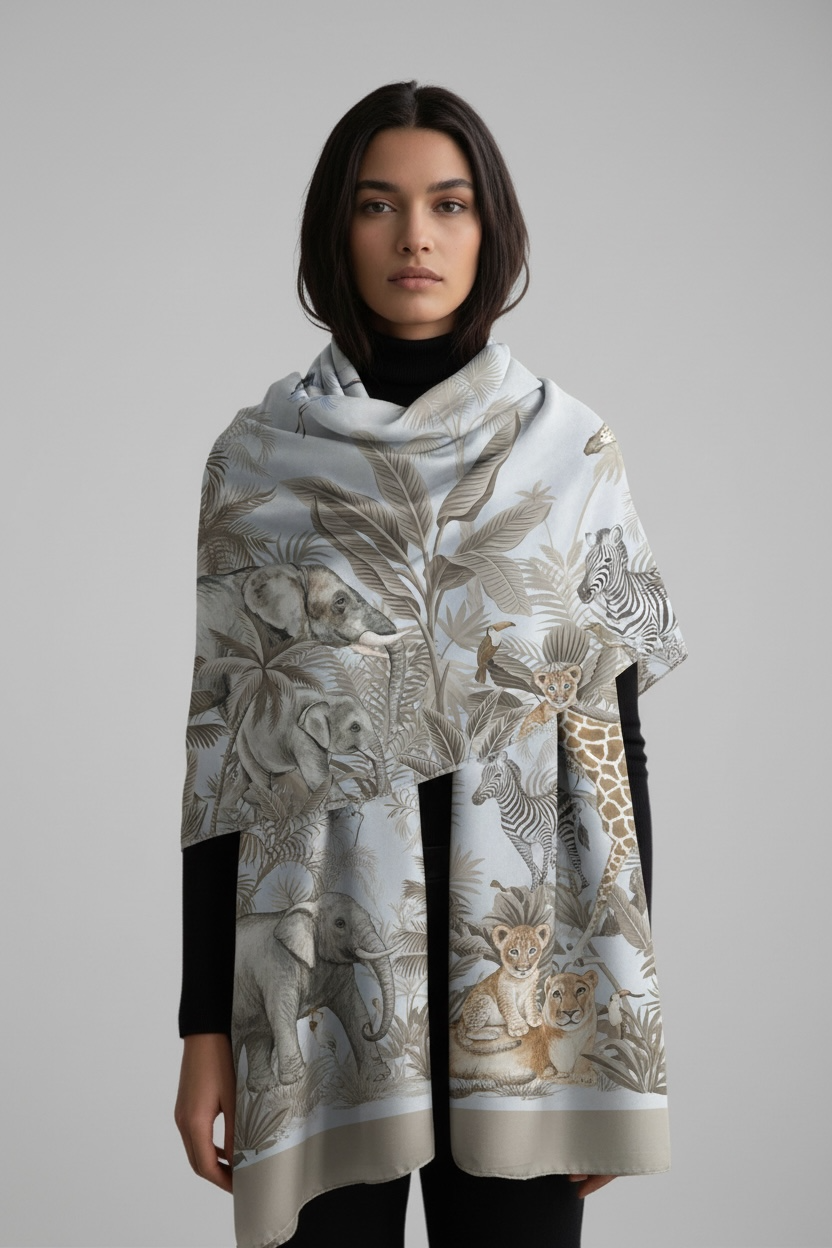 ELE JUNGLE CASHMERE SCARF - LIGHT GREY