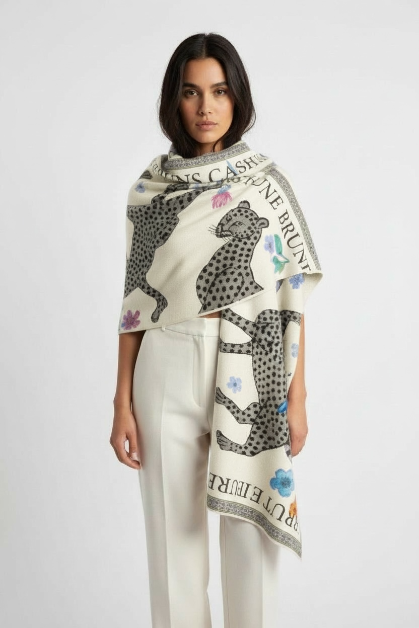 VENICE LEOPARD CASHMERE SCARF - OFF WHITE