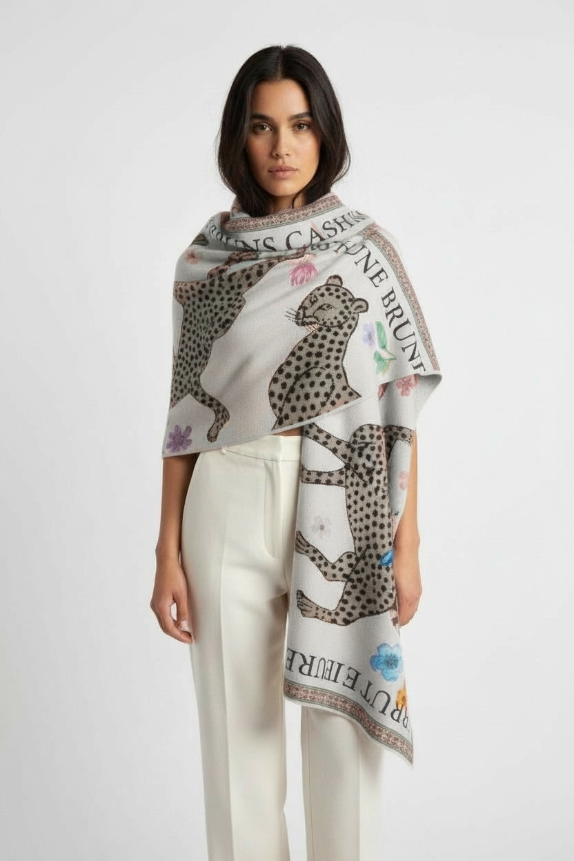 VENICE LEOPARD CASHMERE SCARF - LIGHT GREY