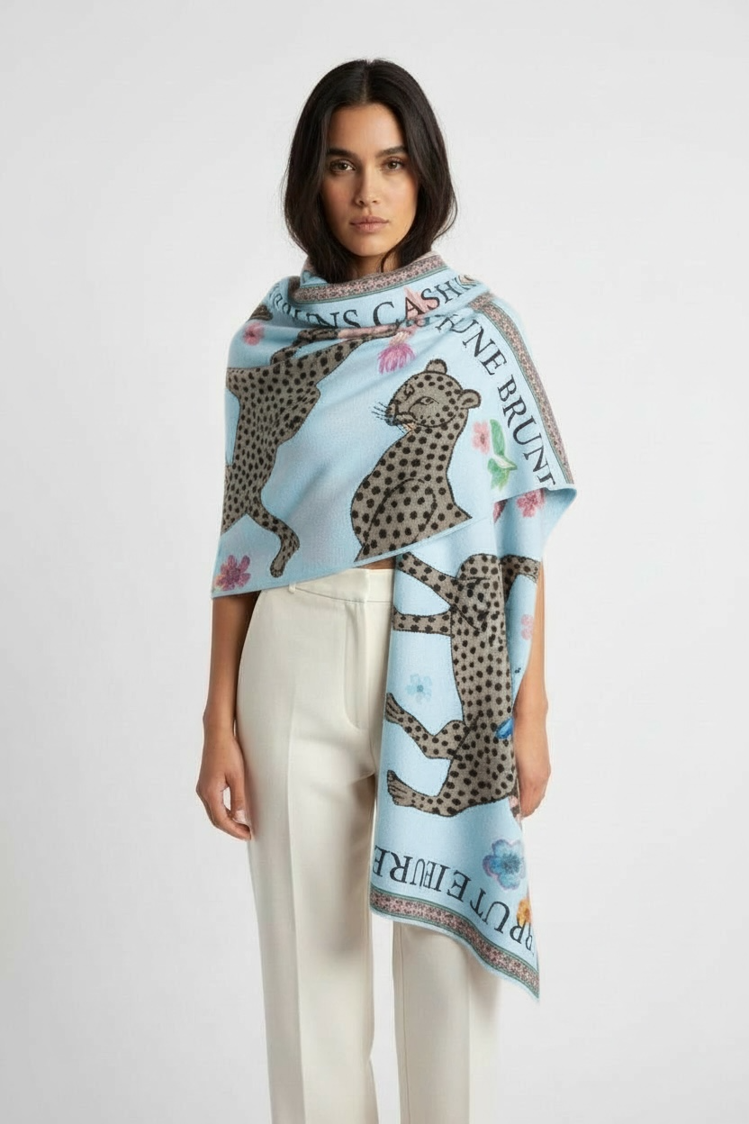 VENICE LEOPARD CASHMERE SCARF - LIGHT BLUE
