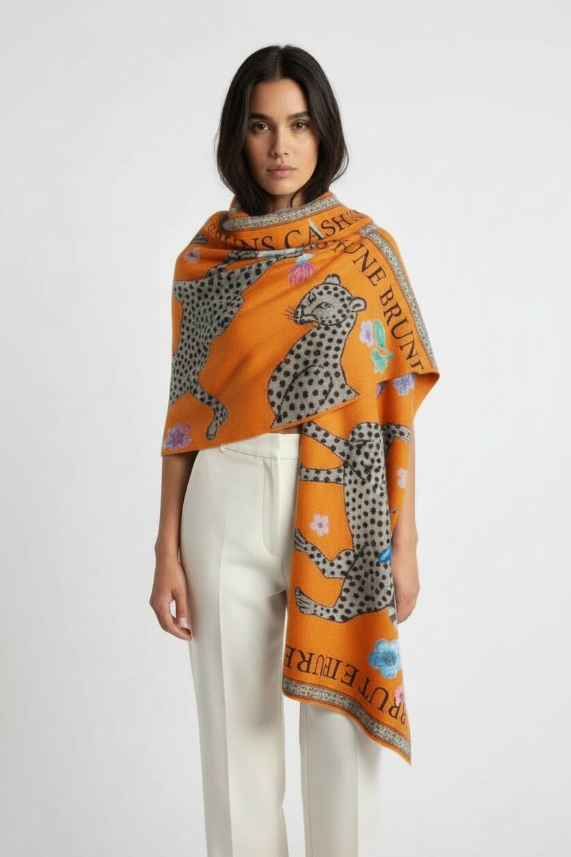 VENICE LEOPARD CASHMERE SCARF - ORANGE