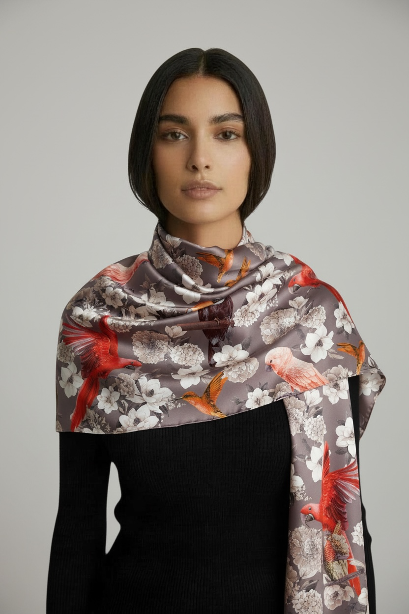 SUMMER BIRDS CASHMERE SCARF - GREY/ORANGE