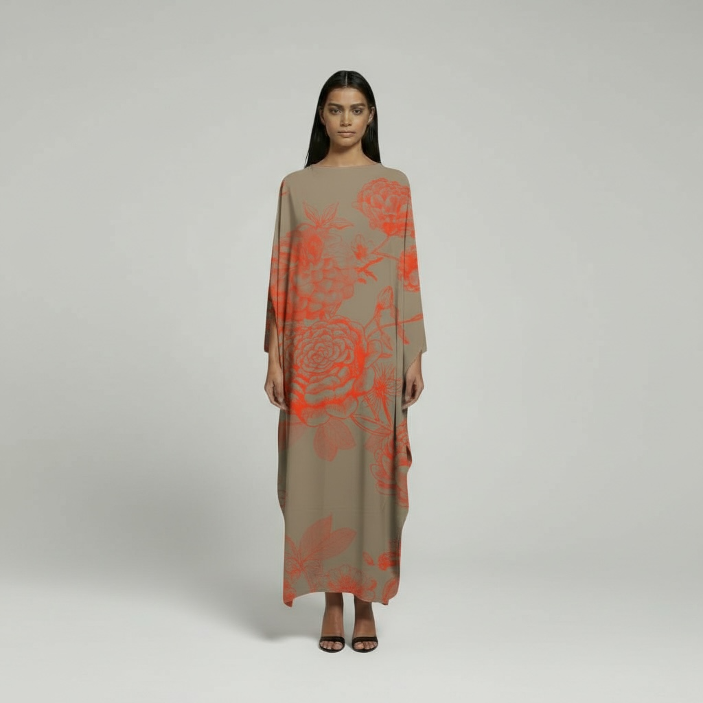 FLOWER EXPLOSION SILK TUNIC - TAUPE/ORANGE