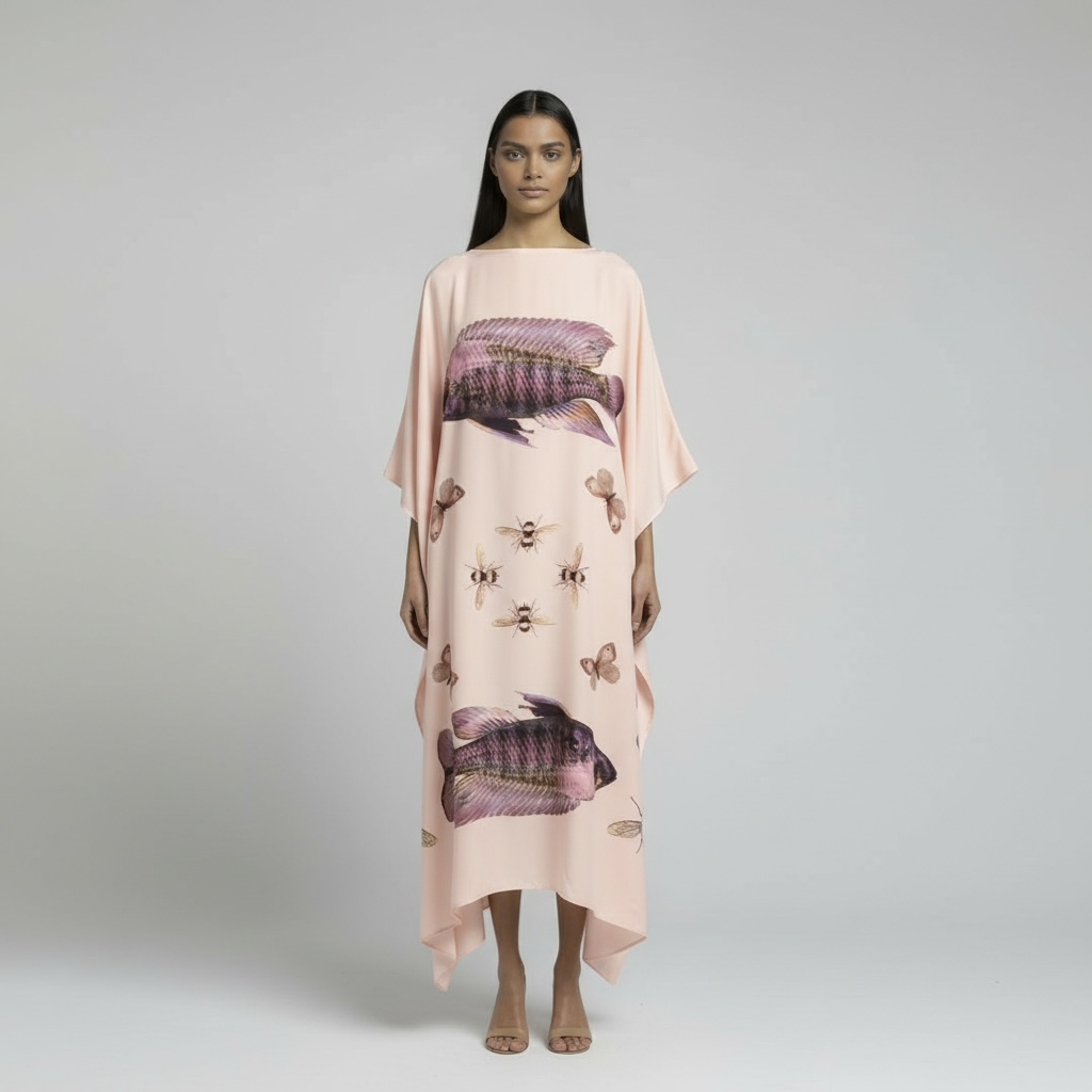 BUTTERFLY & FISH SILK TUNIC - TAUPE