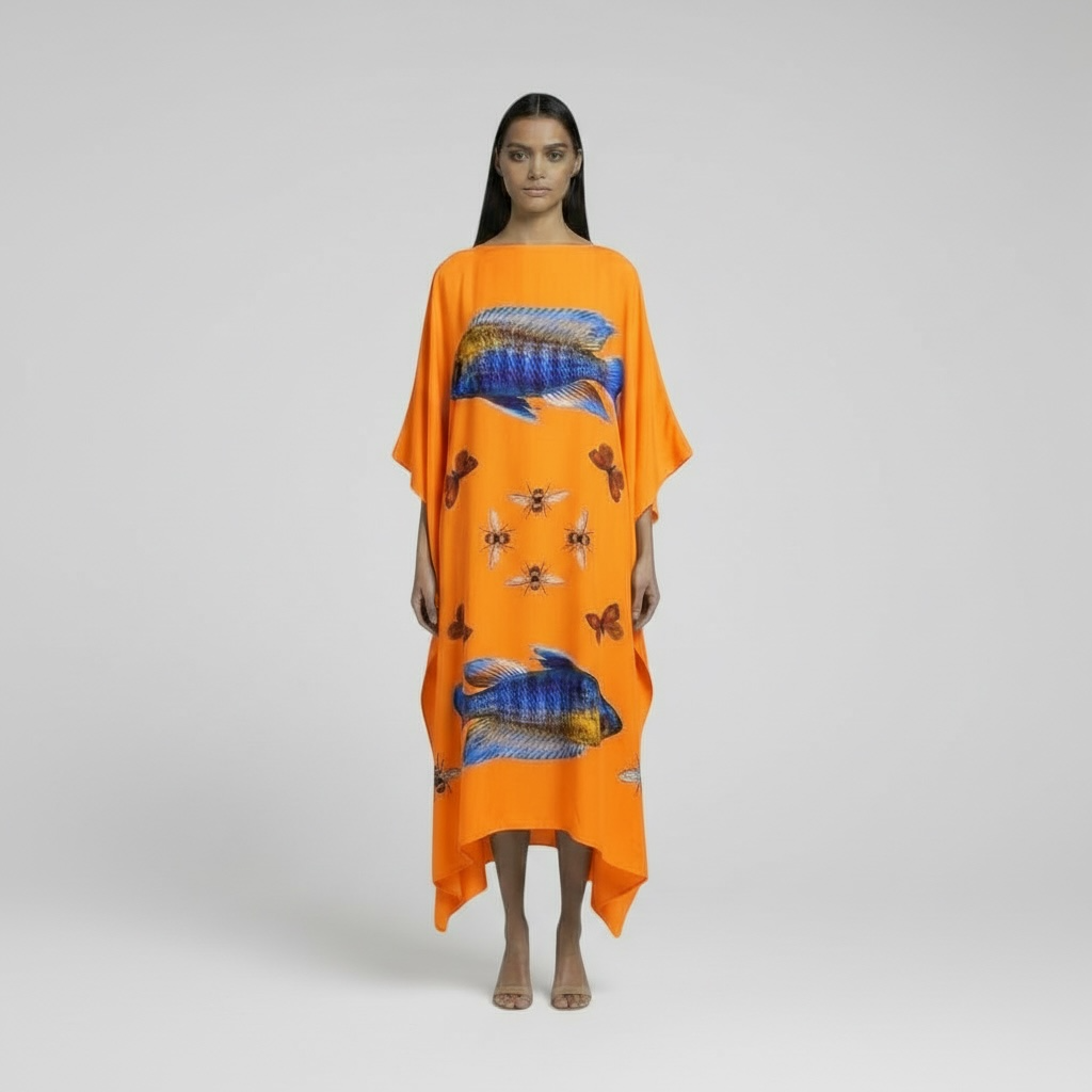 BUTTERFLY & FISH SILK TUNIC - ORANGE