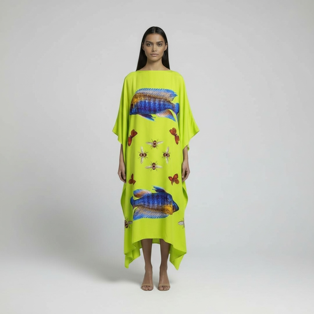 BUTTERFLY & FISH SILK TUNIC - GREEN