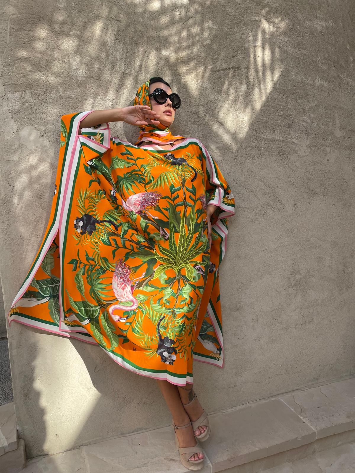 JUNGLE ANIMALS SILK TUNIC - ORANGE