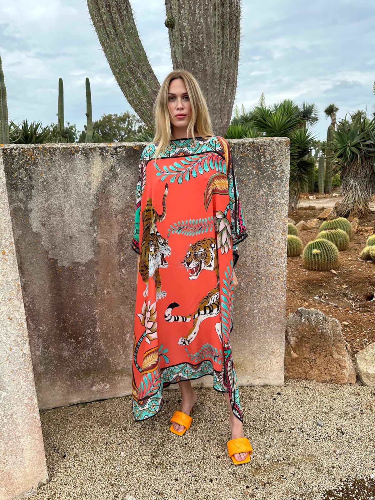 TIGER & JUNGLE SILK TUNIC - CORAL