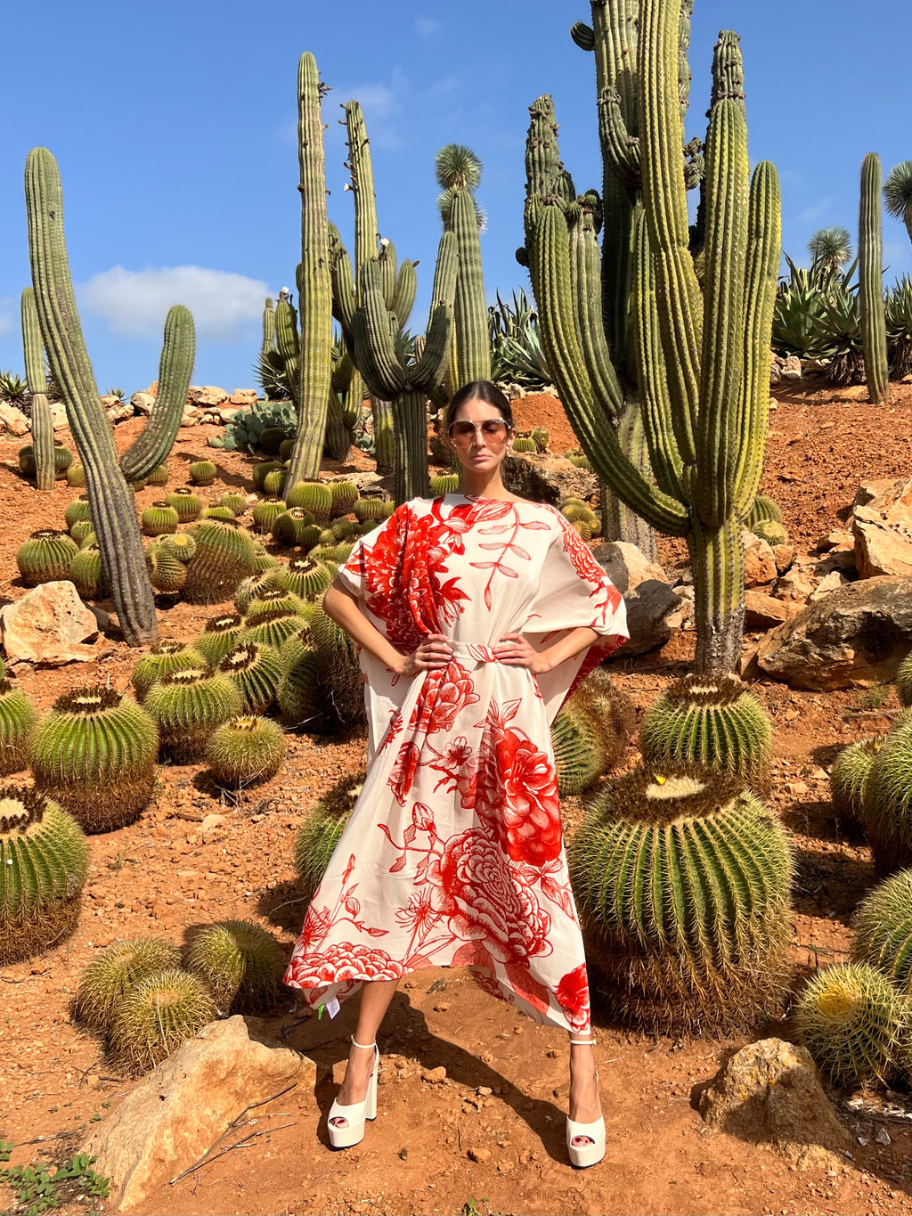 FLOWER EXPLOSION EVENING DRESS - CREME/RED
